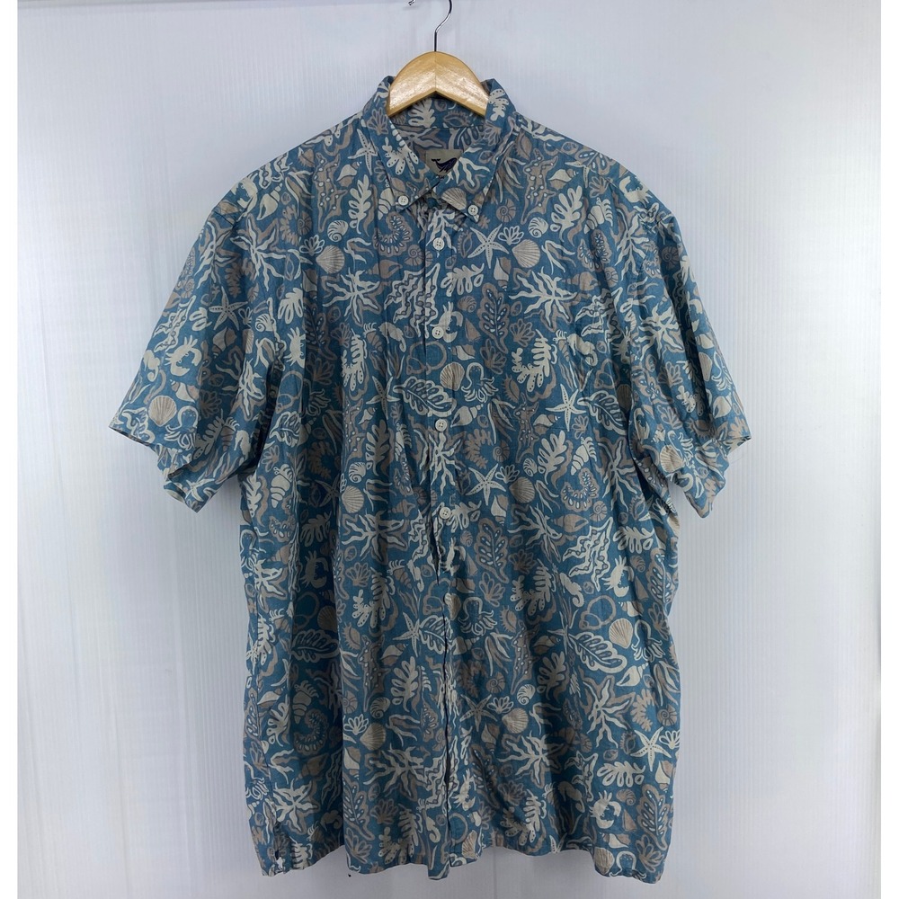 Yiume Blue Beige Nautical Hawaiian Short Sleeve Button Up Cotton Shirt Mens XXXL